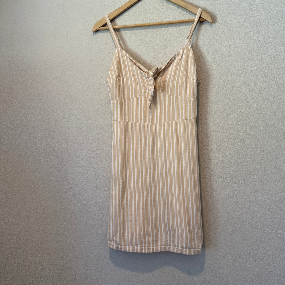 Hollister Tan White Striped Linen Blend Tie Front Mini Dress Womens Medium